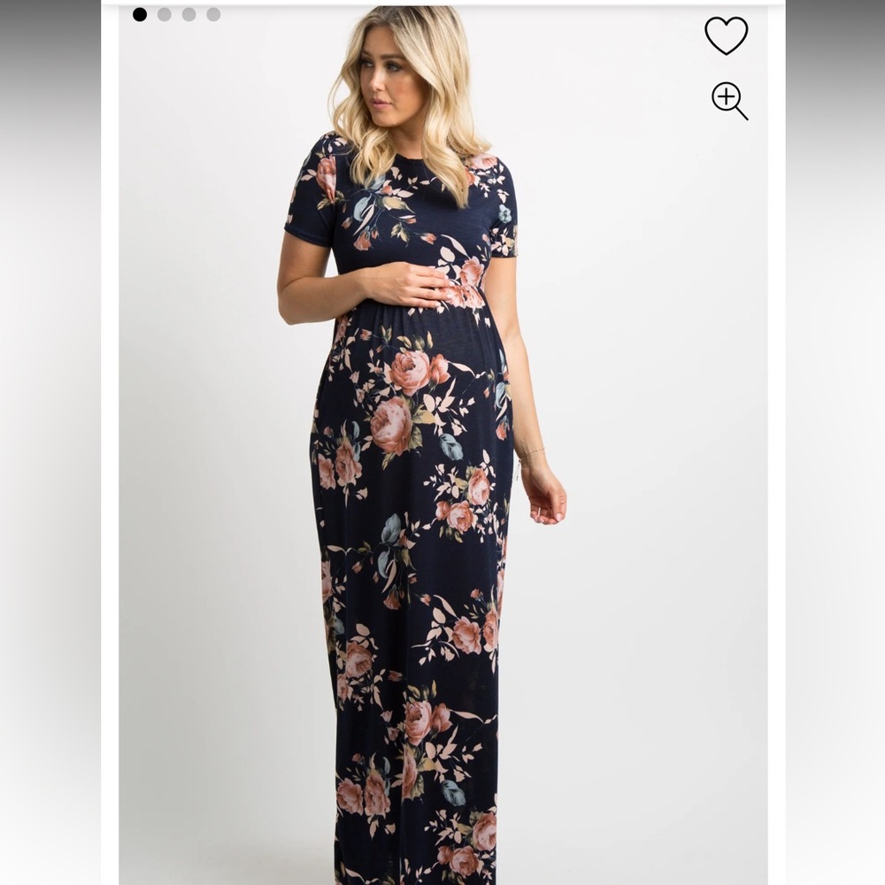 PinkBlush Navy Blue Rose Print Short Sleeve Maternity Maxi Dress